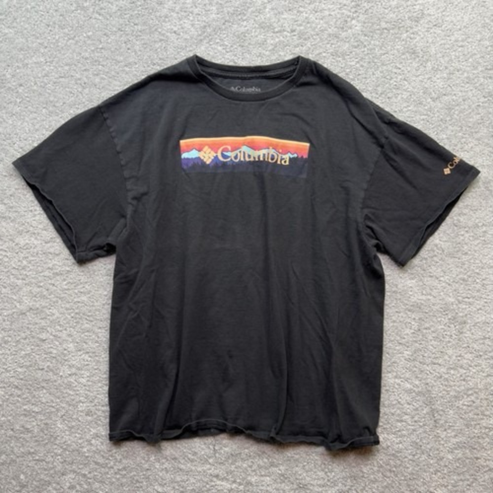 Columbia T-Shirt Men's XL Black Mountain Sunset Logo Graphic Cotton Short Sleeve